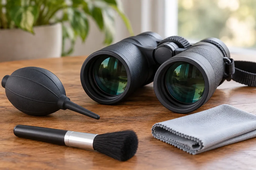 Binoculars beside an air blower, optical brush and clean microfiber cloth