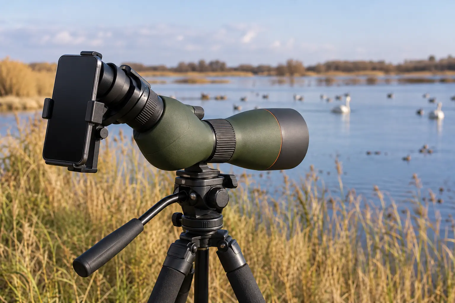 Smartphone mounted to a spotting scope eyepiece for lakeside digiscoping