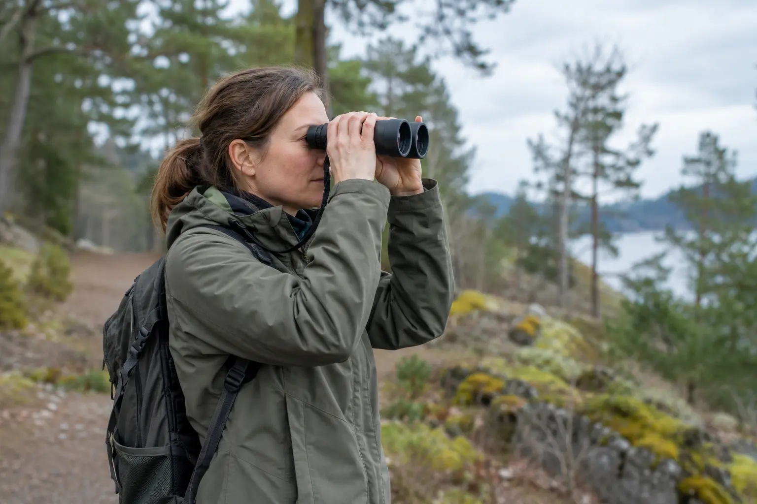 Birdwatcher holding binoculars with both hands and elbows close to her body