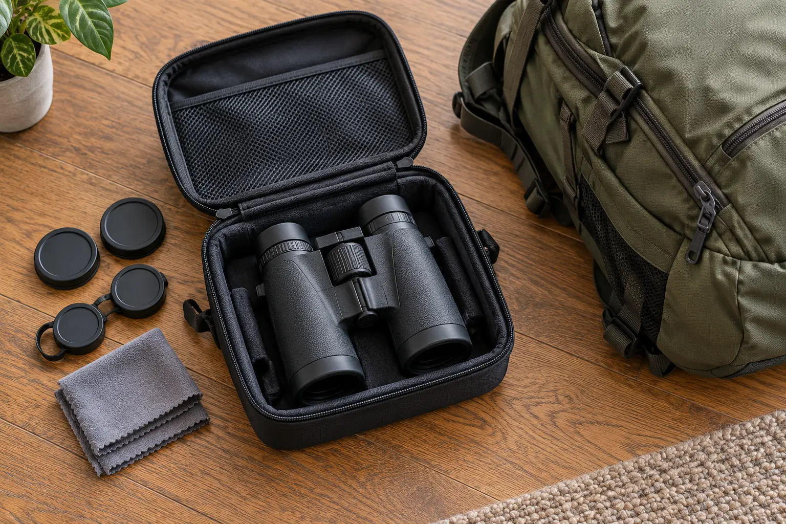 Binoculars packed in an open padded travel case beside a carry-on bag