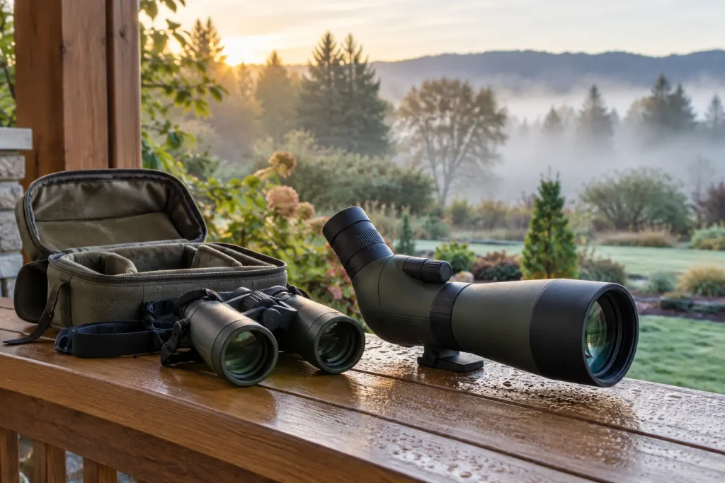Binoculars, a spotting scope and a dry padded case on a sheltered porch