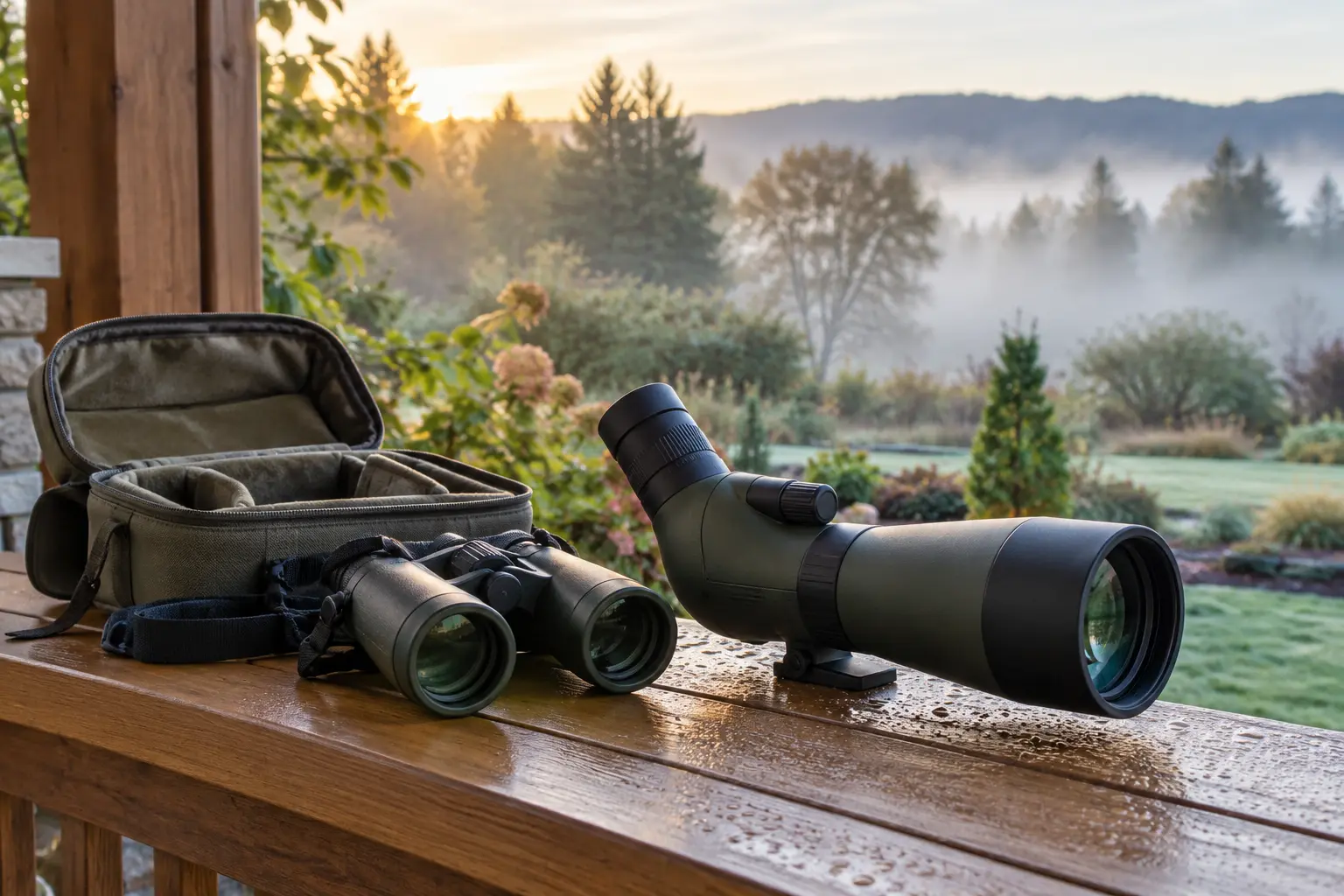 Binoculars, a spotting scope and a dry padded case on a sheltered porch