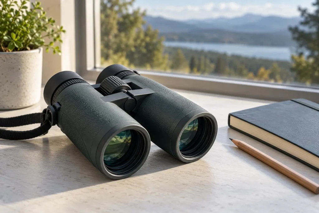 Binocular focus wheel, adjustable eyecups and hinge beside a blank notebook