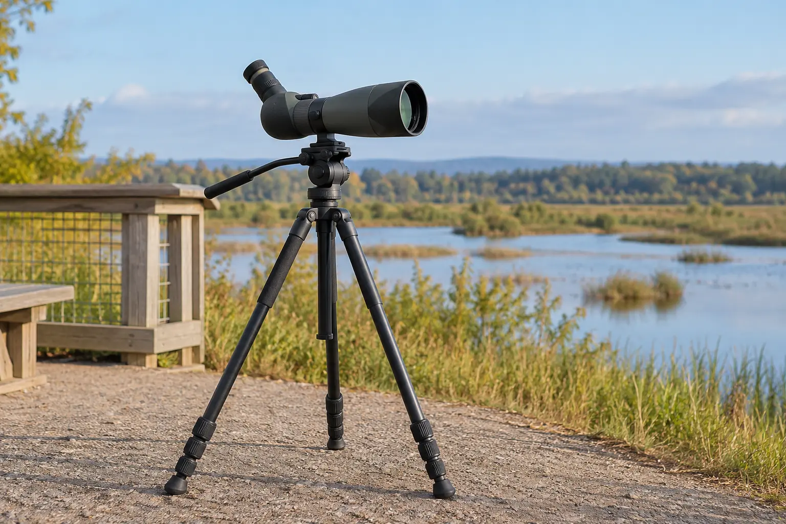 A spotting scope mounted securely on a tripod with three spread legs