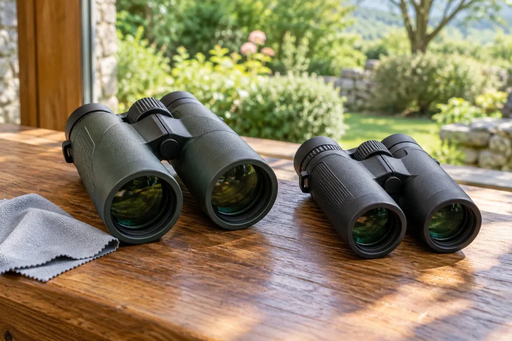 Two pairs of binoculars ready to compare on an outdoor demonstration bench