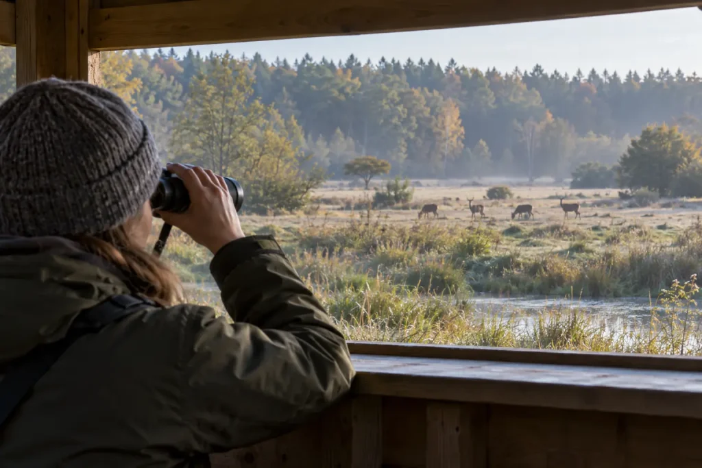 A birdwatcher observing distant deer from a woodland hide