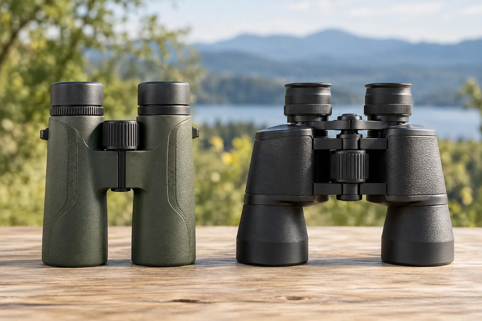 Straight roof-prism and offset Porro-prism binoculars side by side