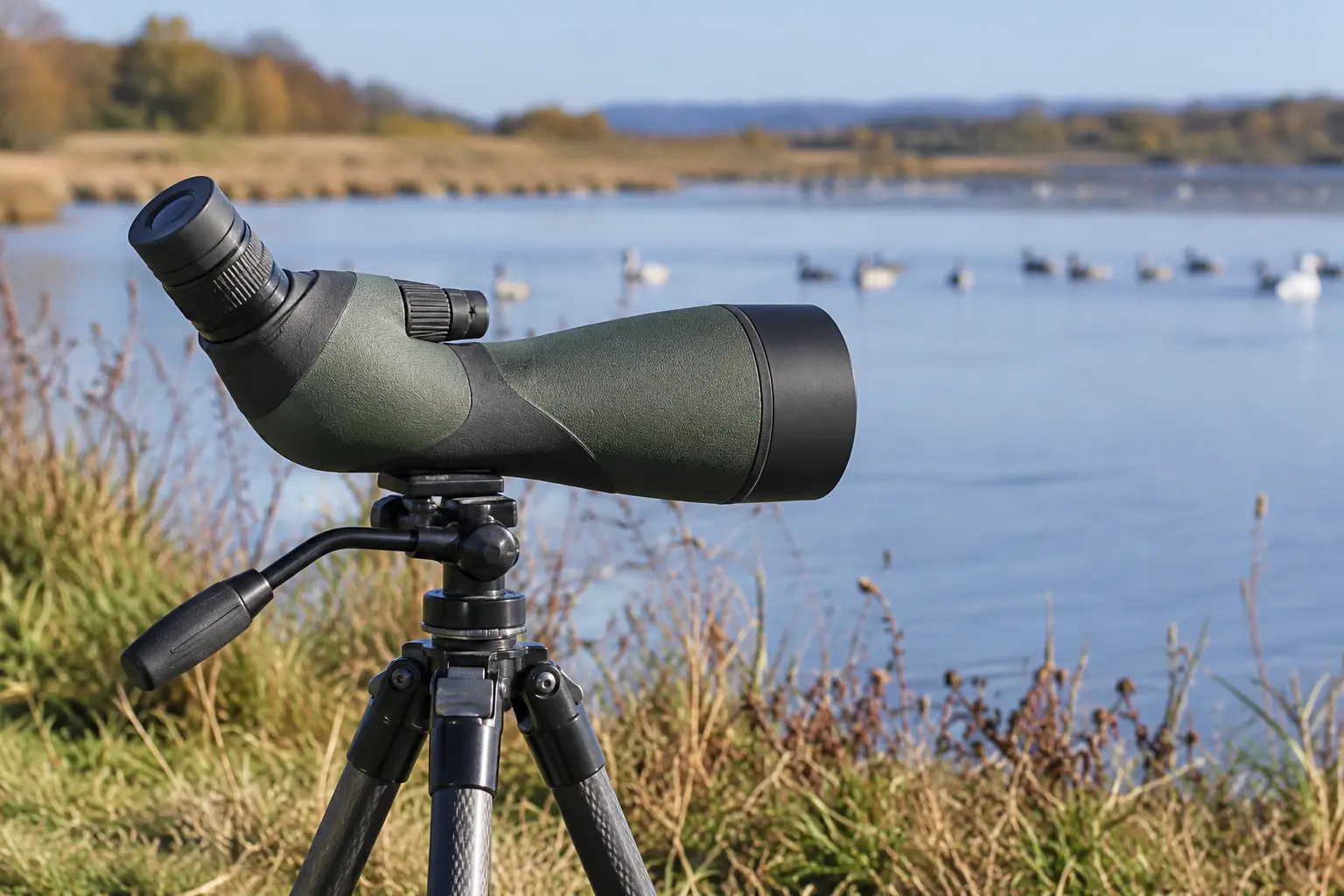 A spotting scope zoom collar and eyepiece beside a lake
