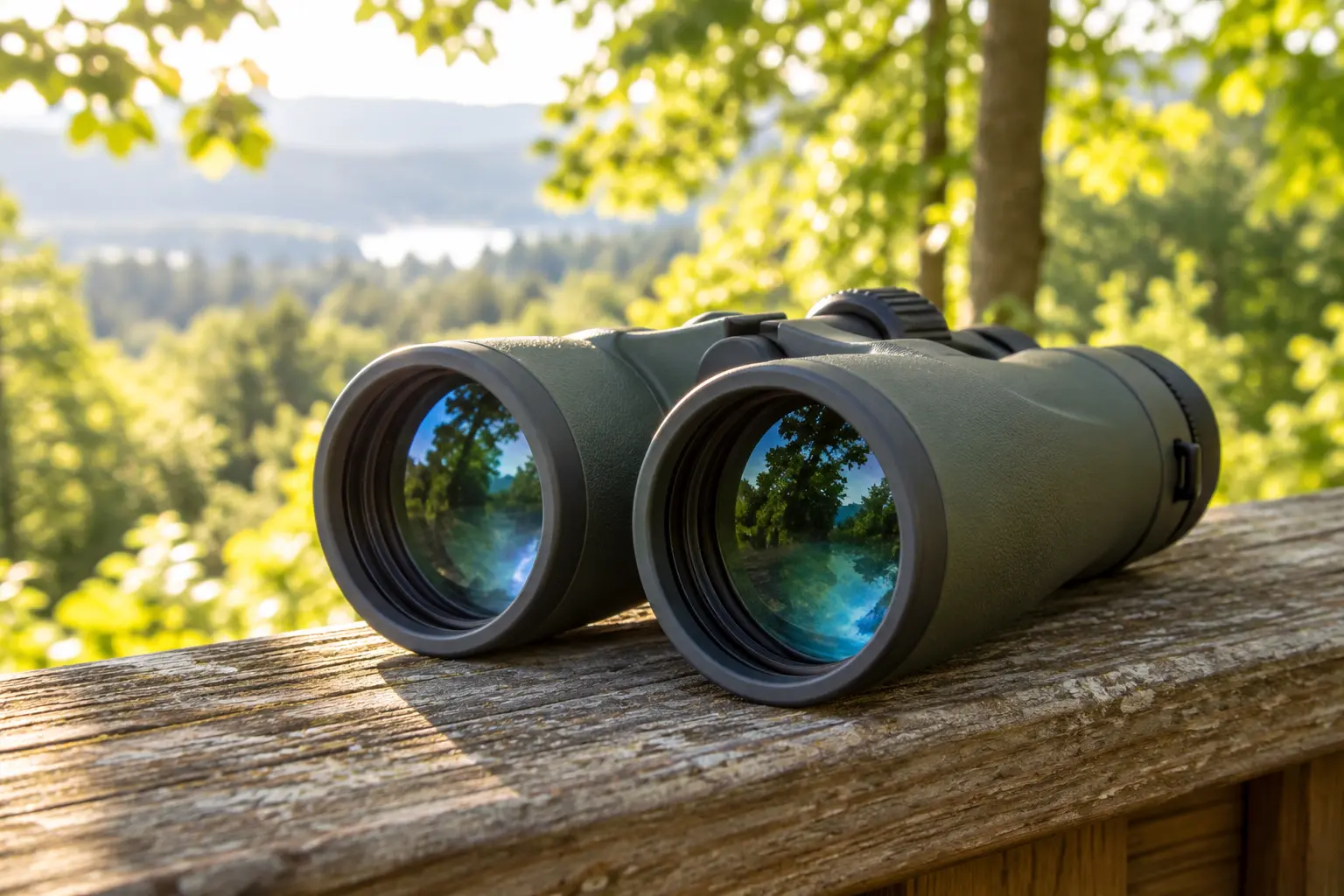 Close view of coated binocular objective lenses with soft woodland reflections