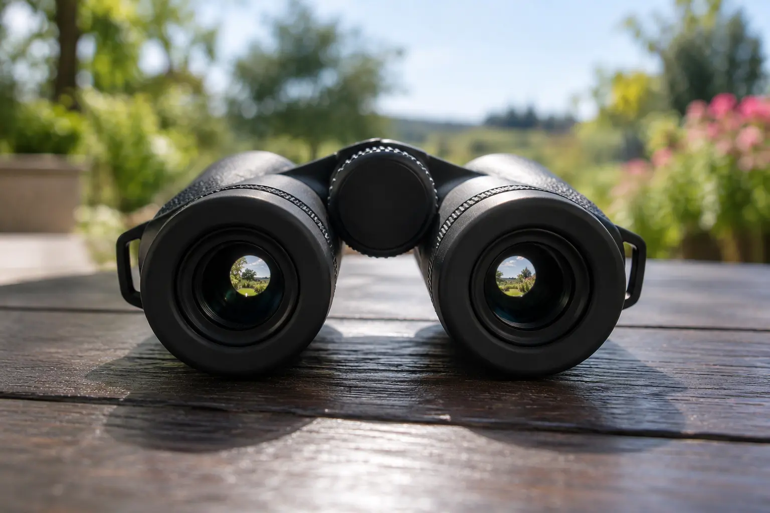 Small circles of daylight visible in the two eyepieces of a pair of binoculars