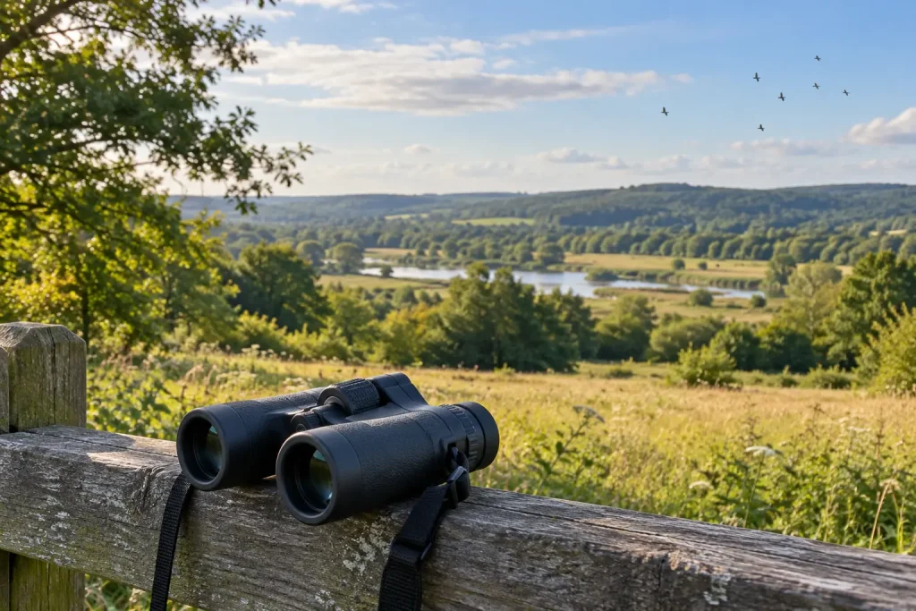 Binoculars overlooking a wide meadow and woodland edge