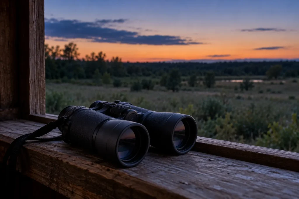 Binoculars on a wildlife-hide windowsill overlooking a meadow at dusk
